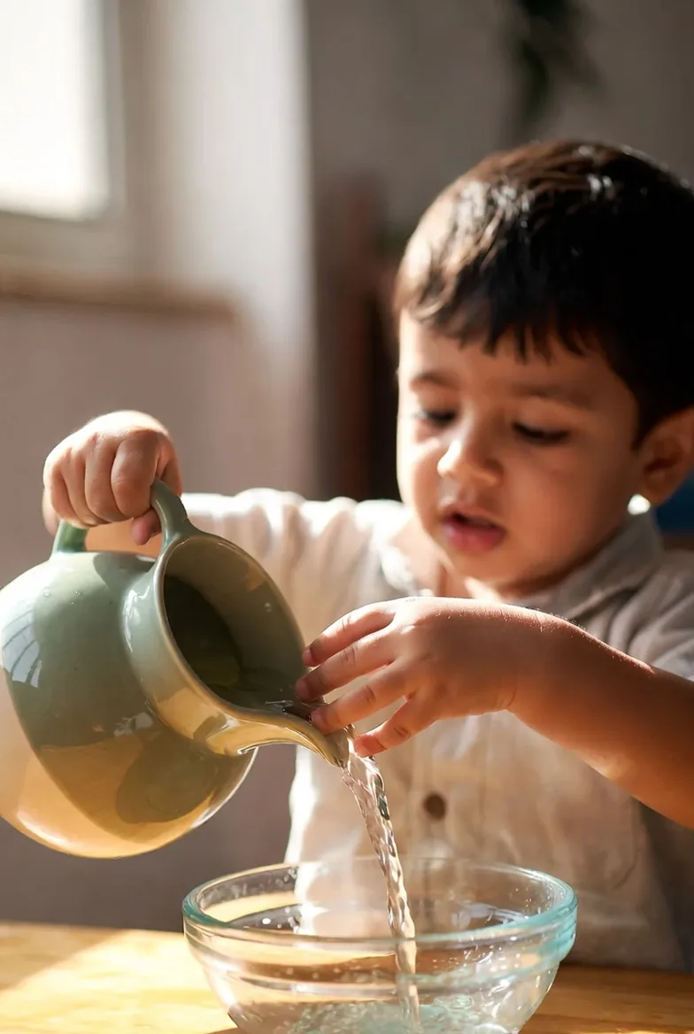A child pouring water from a jug into a cup without spilling