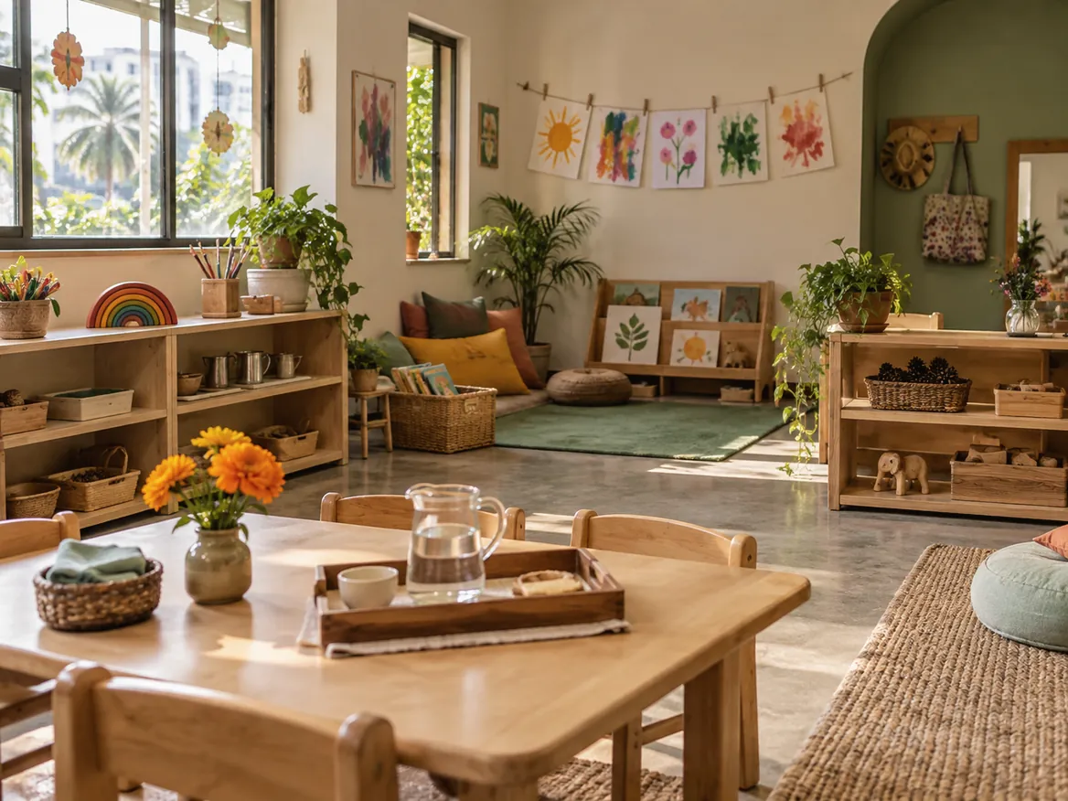 A calm, prepared early-years classroom with low shelves, plants and children’s paintings