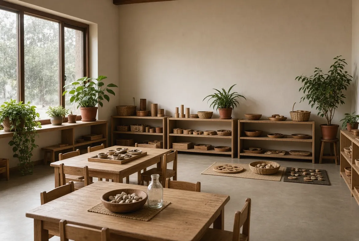 An empty early-years classroom with low tables and open shelves in morning light