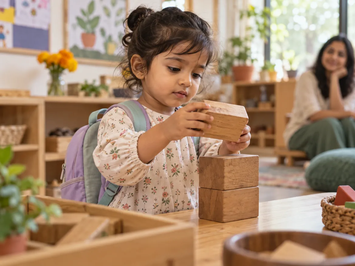 A young child with a backpack stacking wooden blocks while a teacher looks on