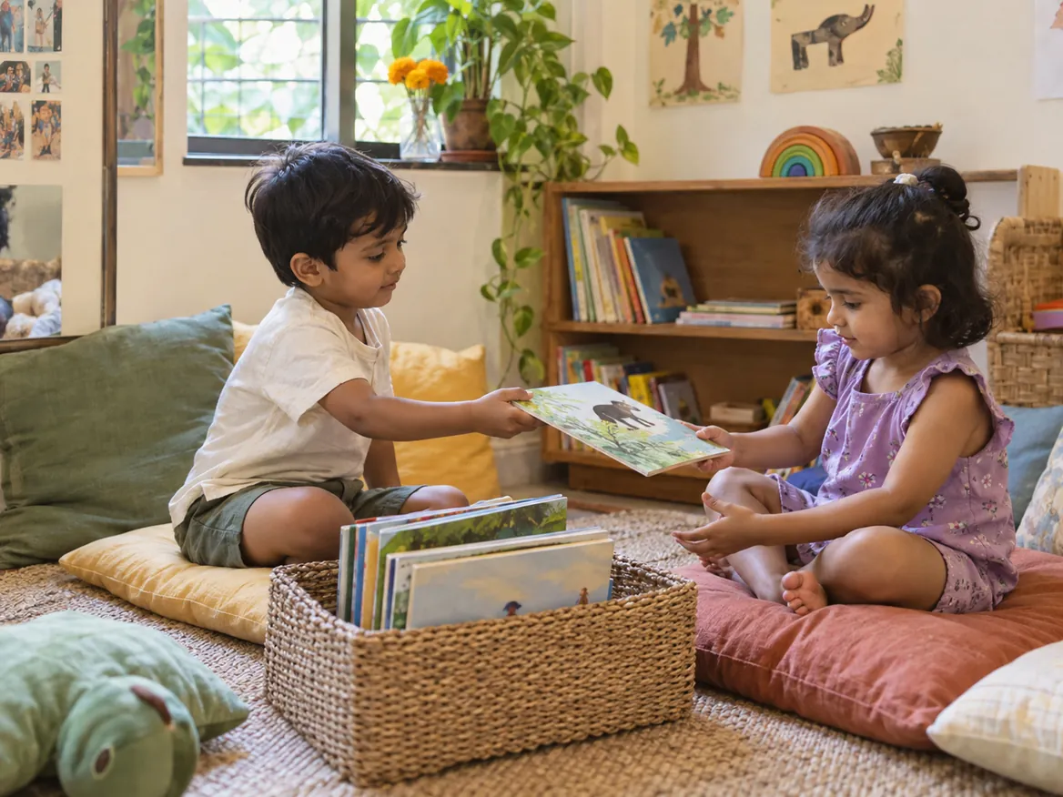 Two children sharing picture books on floor cushions