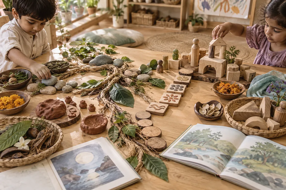 A table of roots, stones, clay, wooden blocks and picture books explored by children