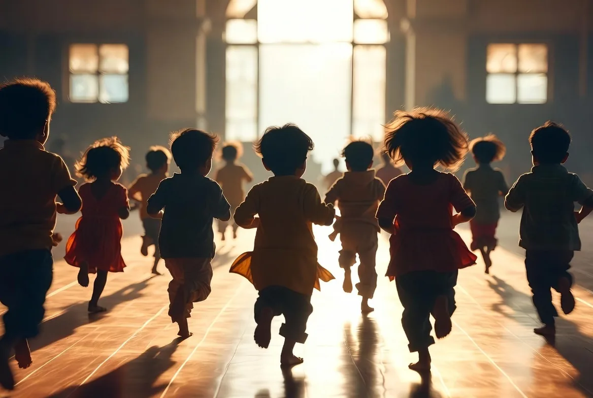 Children running together down a bright school hall