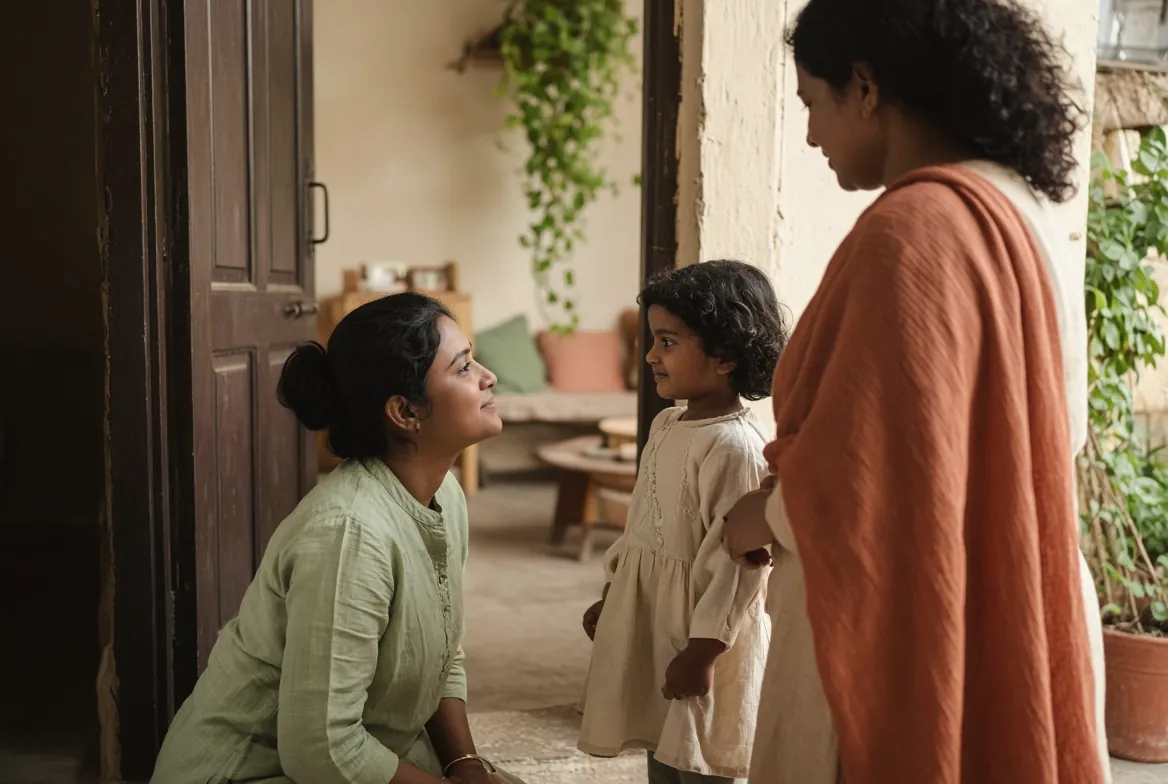 A teacher greeting a child at the classroom door during a calm handover