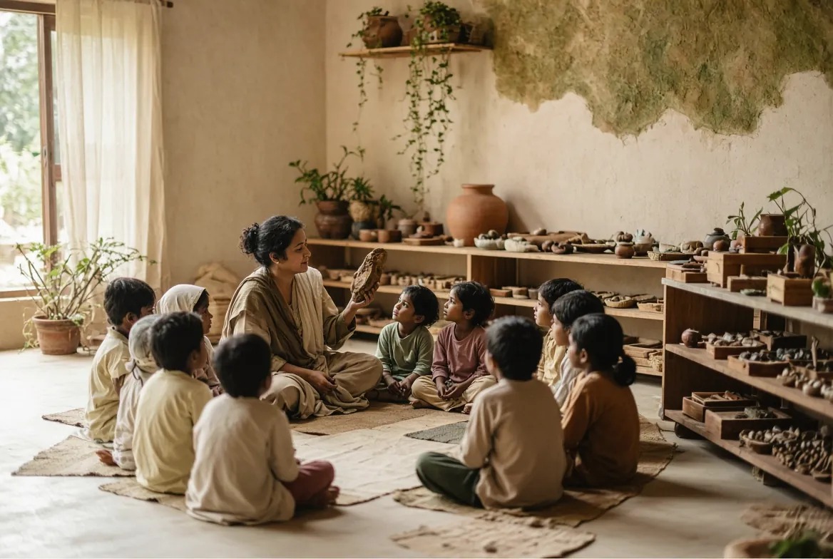 Children seated in a morning circle with their teacher in a plant-filled classroom