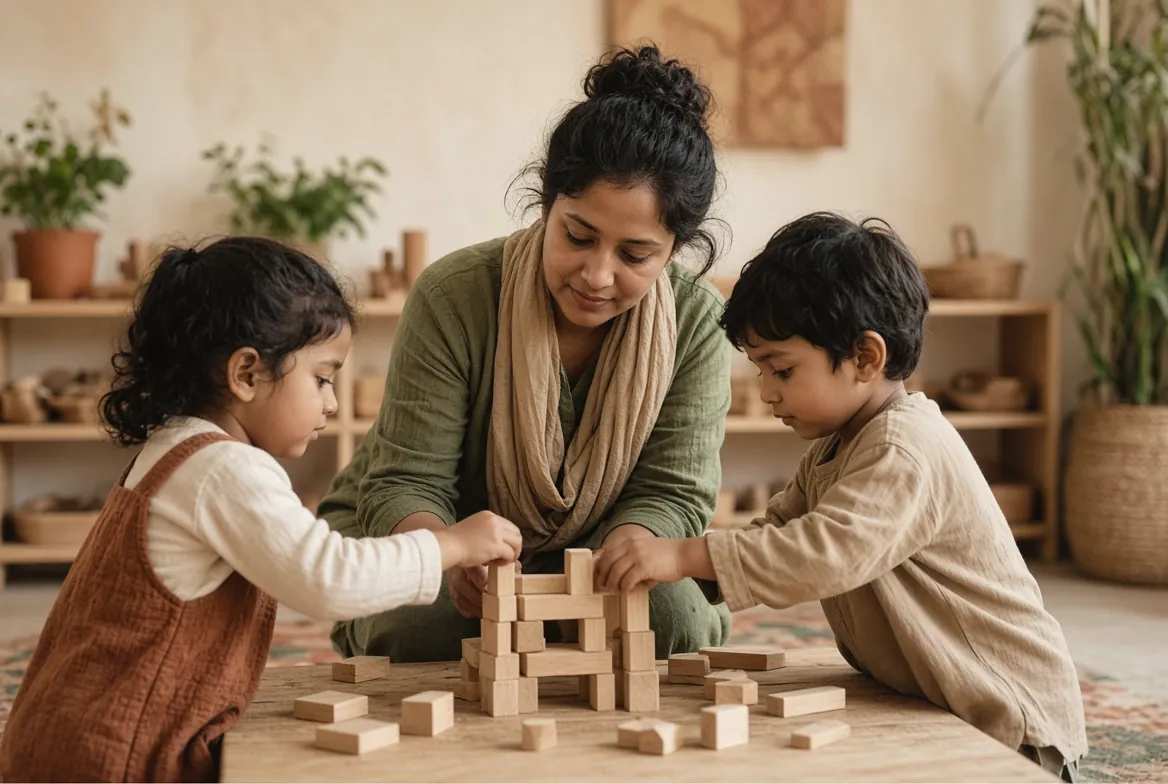 A teacher helping two children rebuild a block tower together