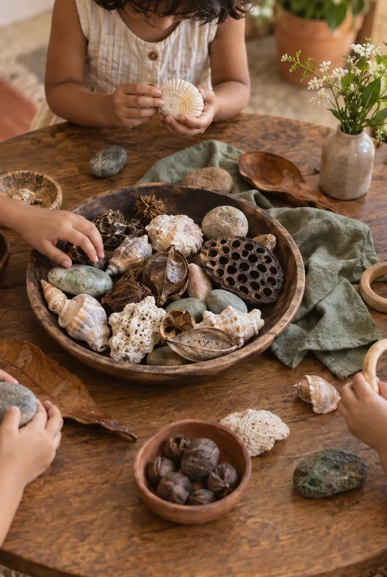 Many small hands exploring shells and seed pods around a shared wooden table