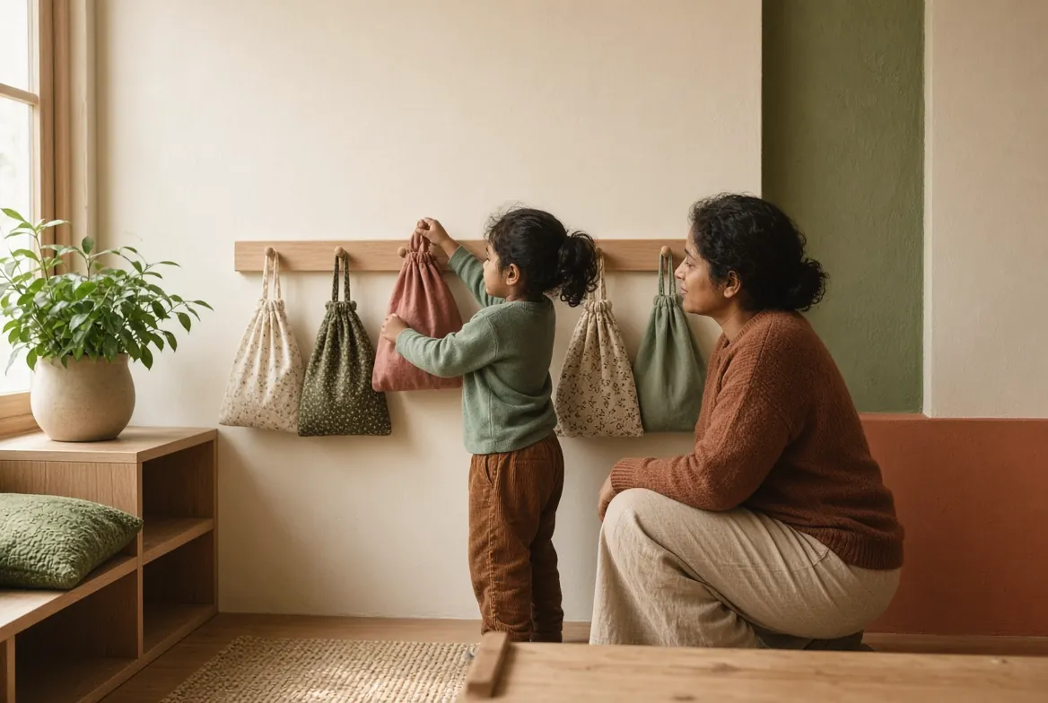 A child hanging her bag on a hook while an adult waits nearby