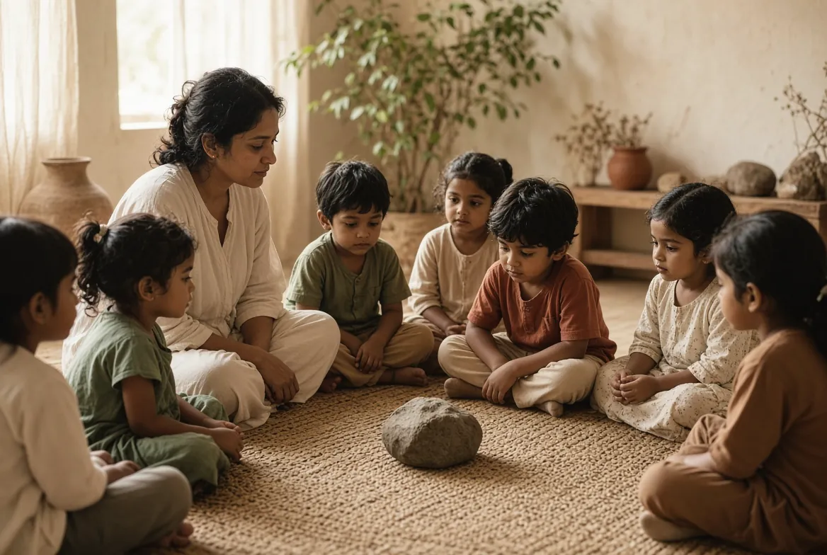 Children and a teacher sitting in a circle on a woven mat