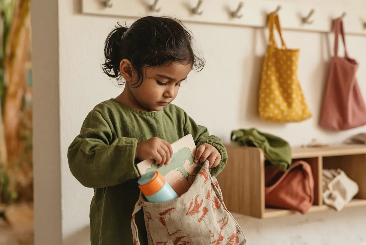 A child packing her own bag at the cloakroom
