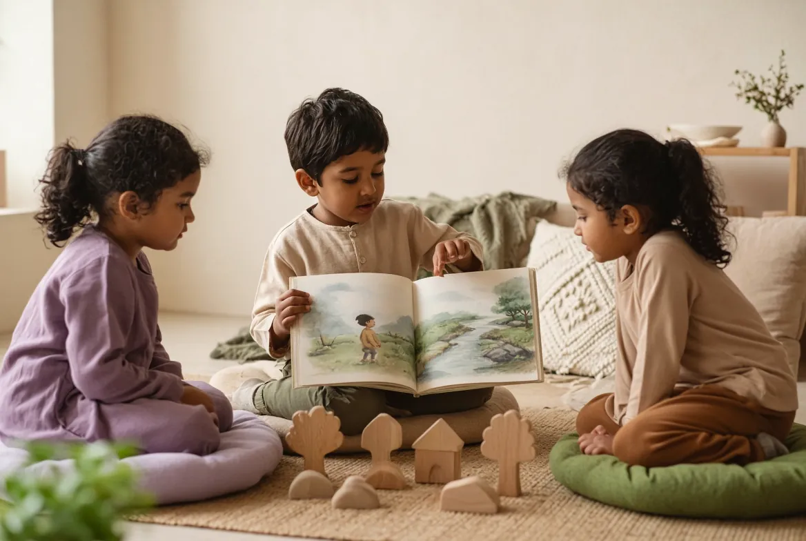 A child retelling a picture-book story to two friends