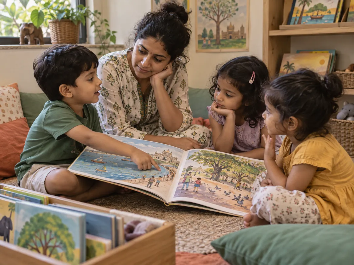 A teacher and three children talking about a picture book on the floor