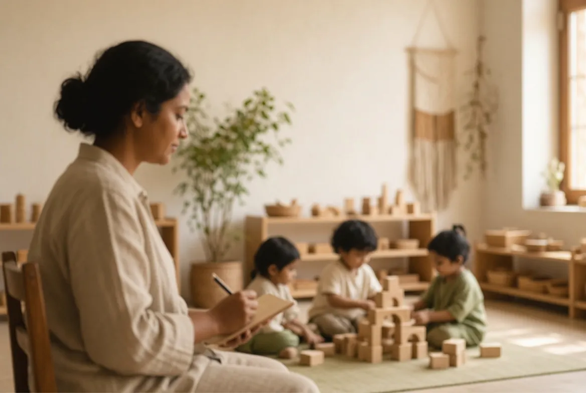 A teacher writing notes while children build in the background