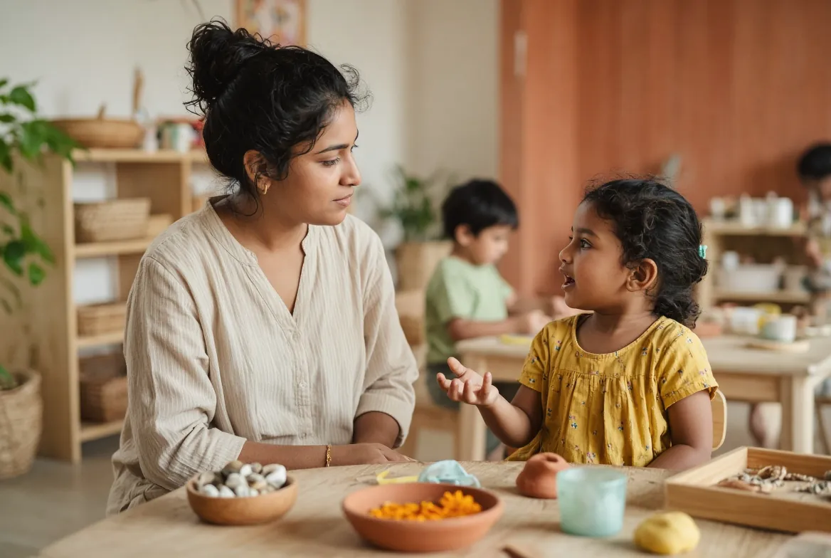 A teacher listening as a child explains her idea at the table