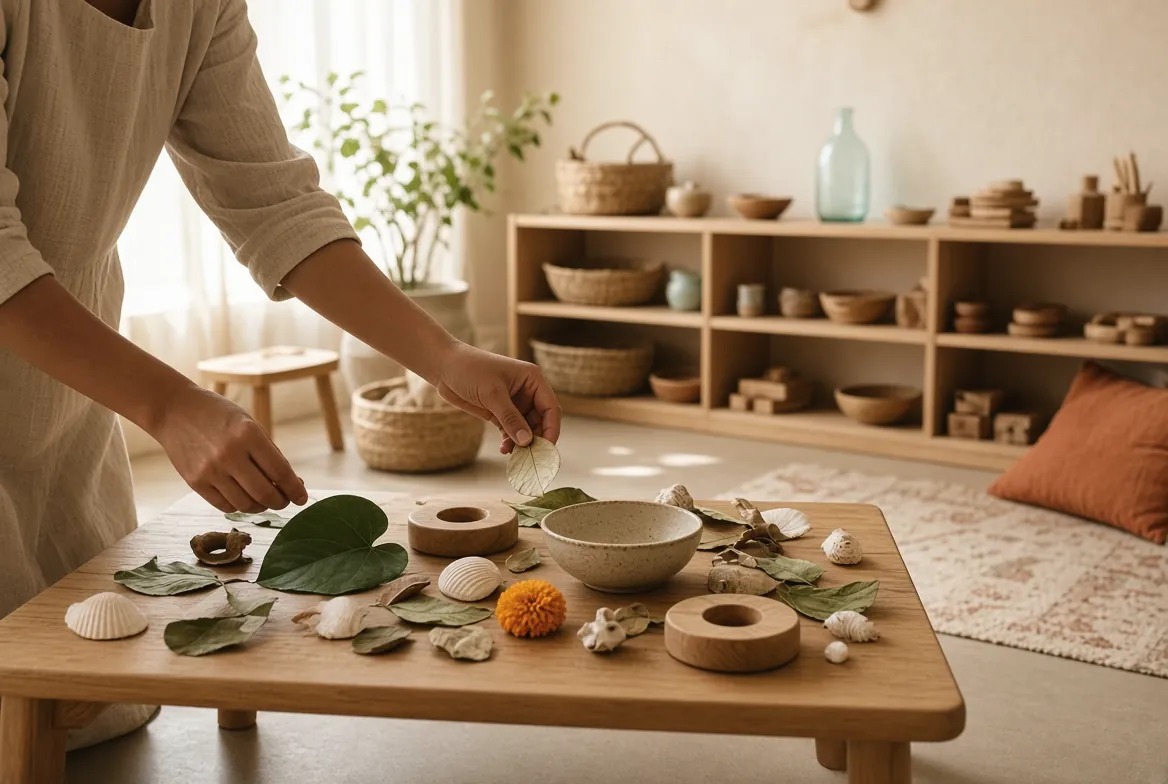 An adult arranging leaves, shells and wooden rings on a low table