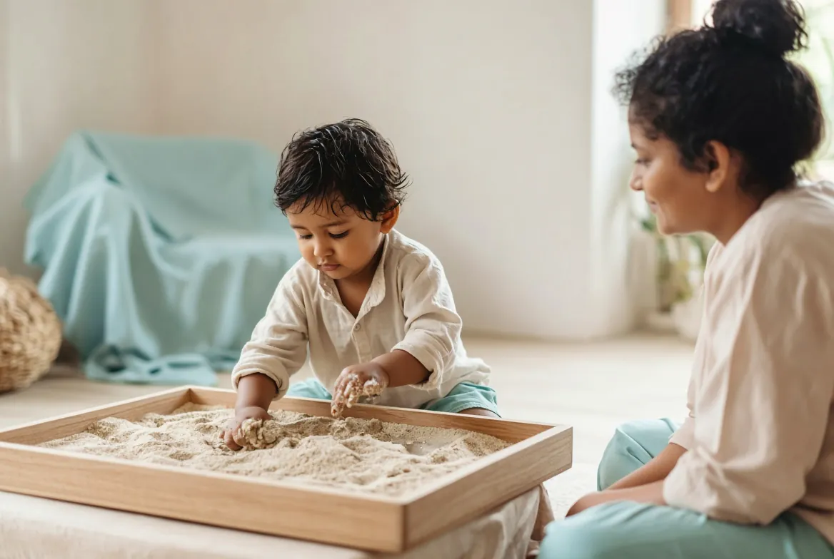 A toddler playing in a sand tray beside a familiar adult