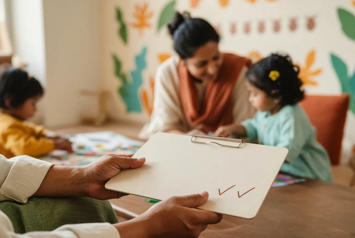 A parent holding a clipboard with ticks while a teacher and child work together