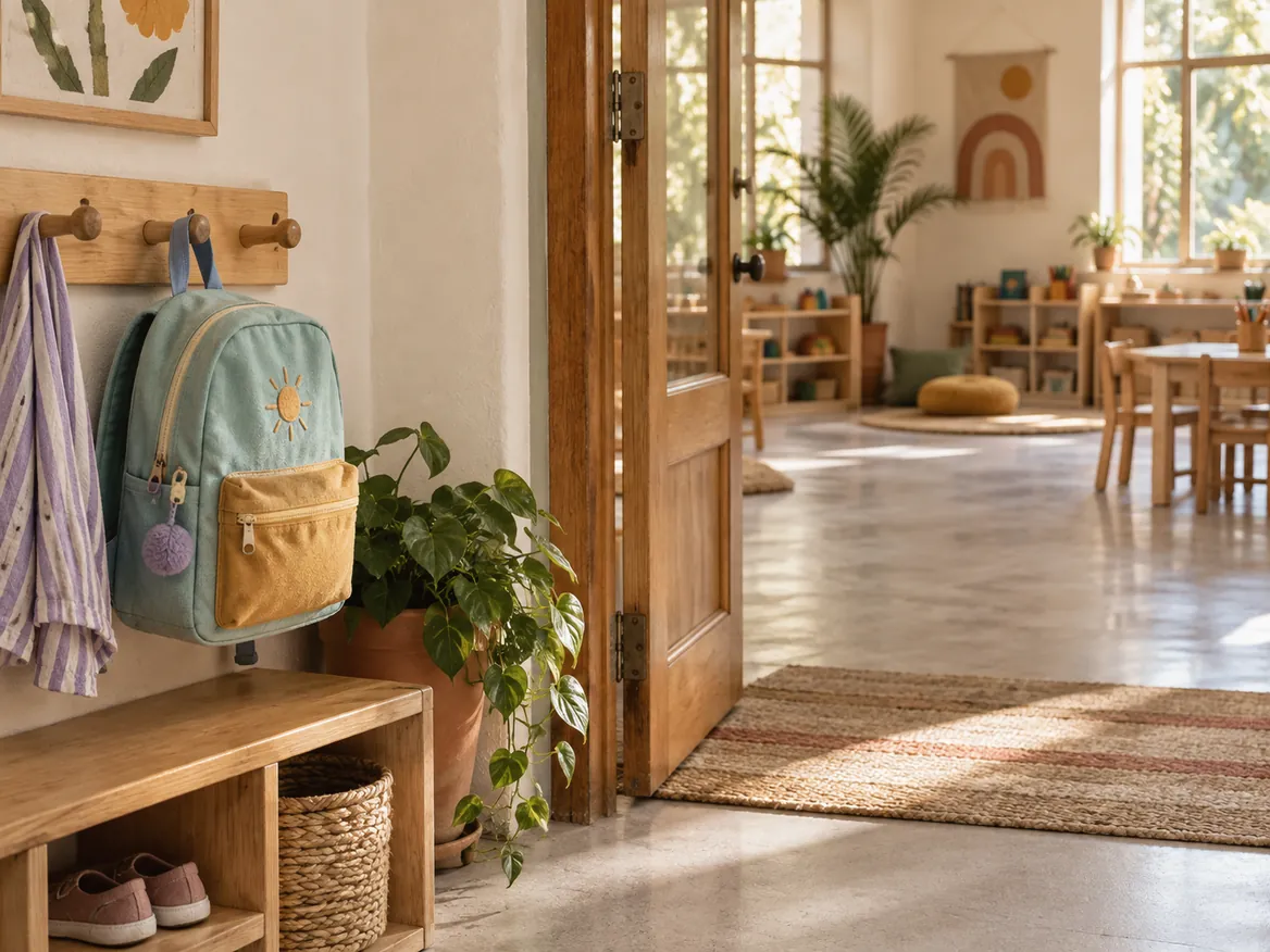 A school bag on a hook beside an open doorway into a sunlit classroom